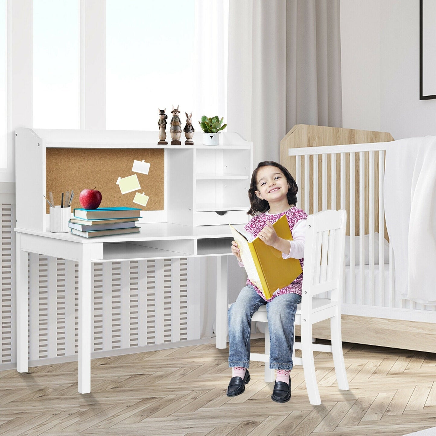 Kids Desk and Chair Set with Hutch and Bookshelves - White