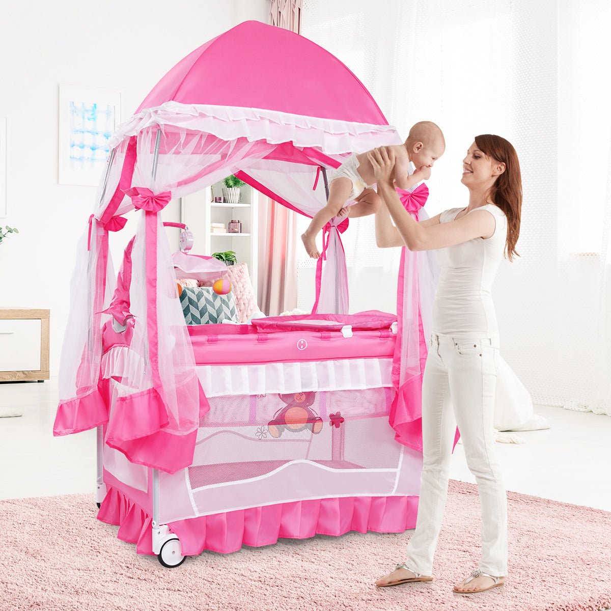 Portable Baby Playpen Crib with Carrying Bag - Pink