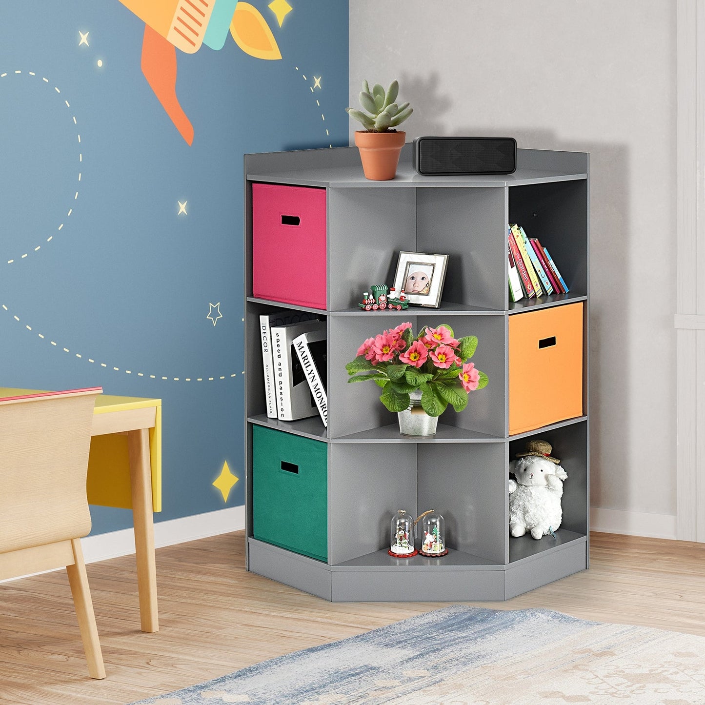 Étagère de rangement pour enfants à 3 niveaux avec paniers - Gris