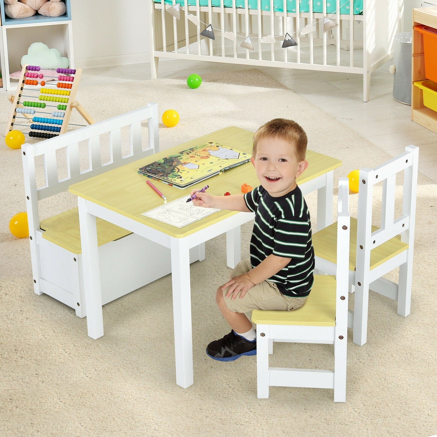 4-Piece Kids Wooden Activity Table and Chairs Set
