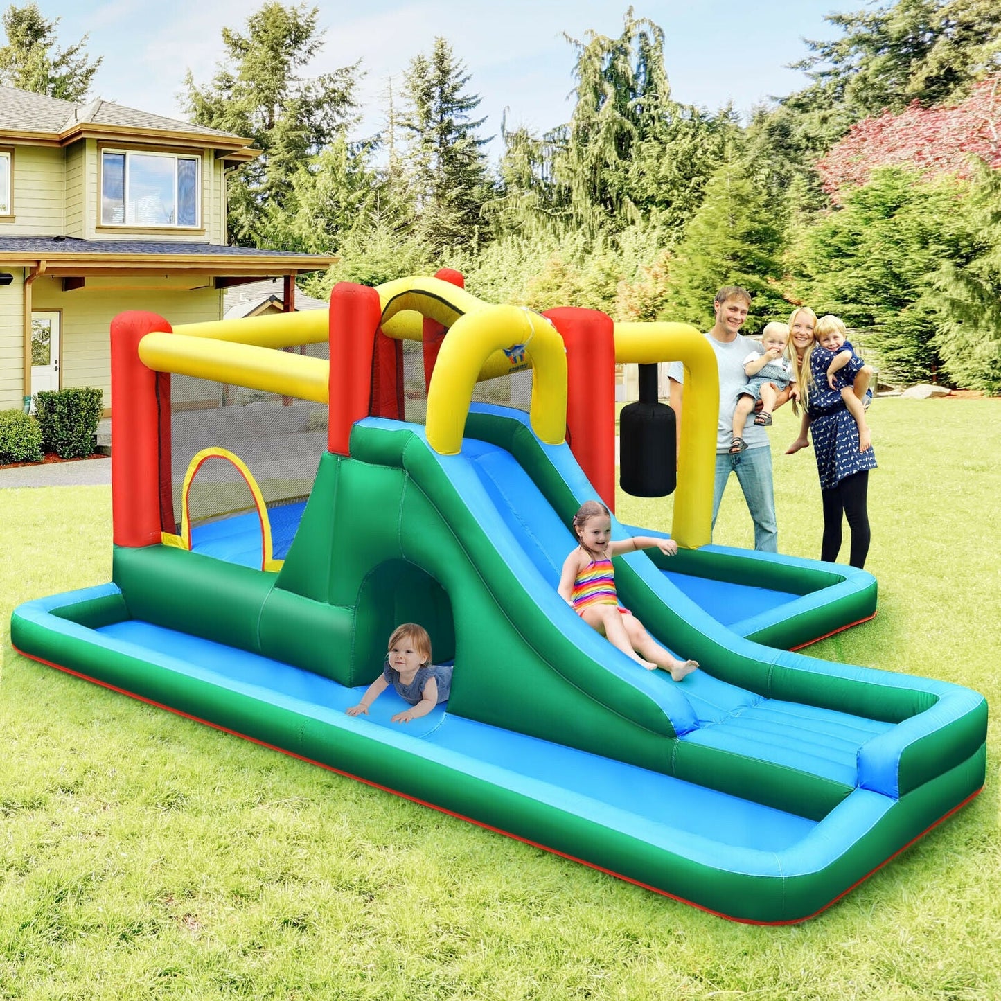 Château gonflable avec toboggan aquatique et tunnel & souffleur