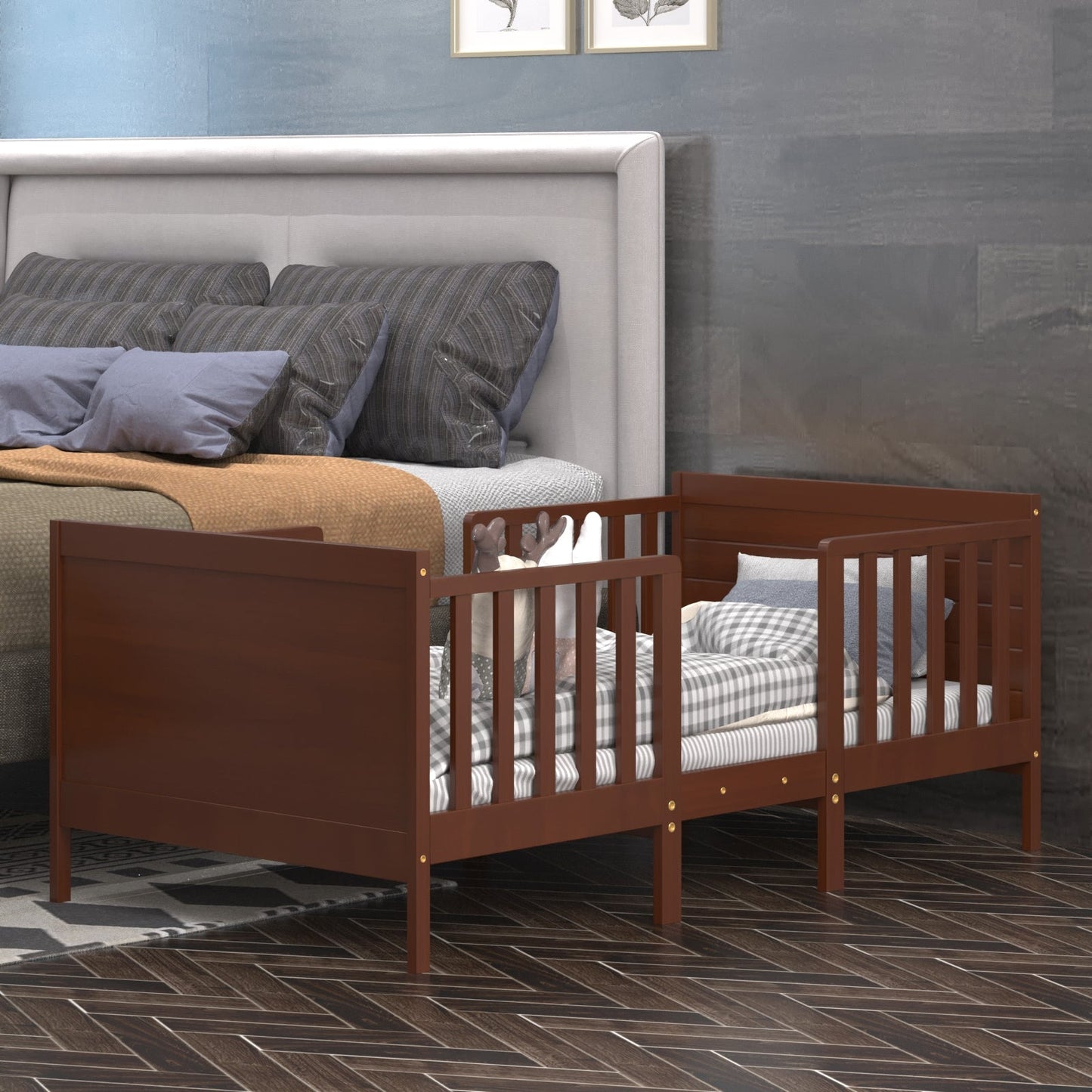 2-in-1 Convertible Kids Wooden Toddler Bed with Guardrails - Brown