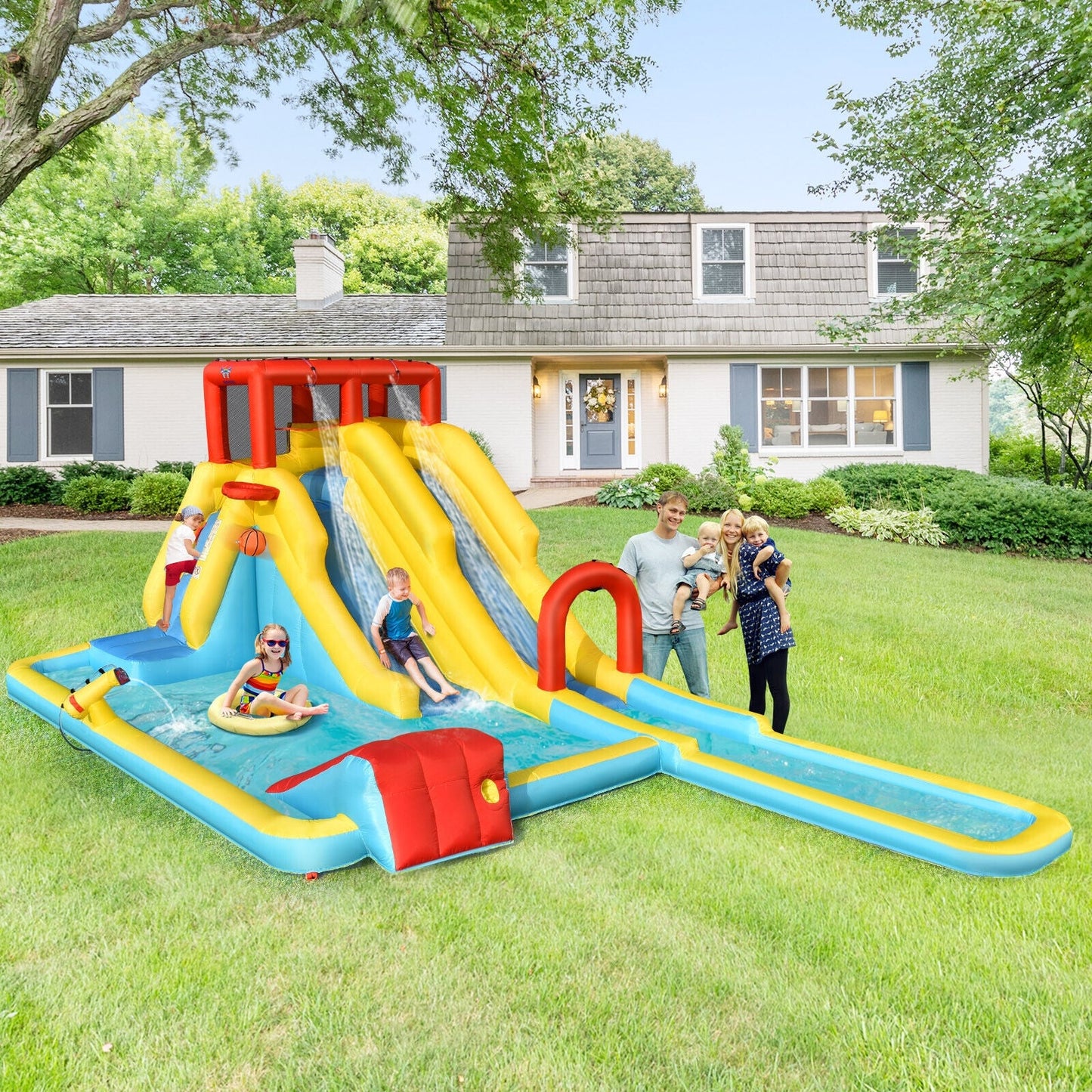 Parque Acuático Inflable de Doble Tobogán con Soplador de Aire