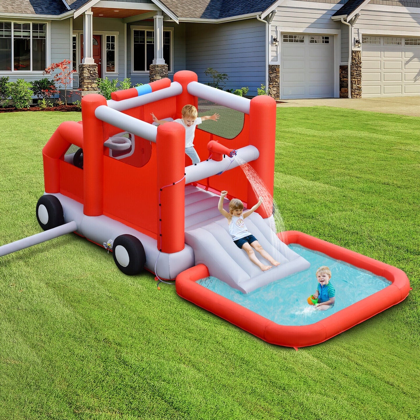 Fire Truck Themed Inflatable Castle Water Park for Kids