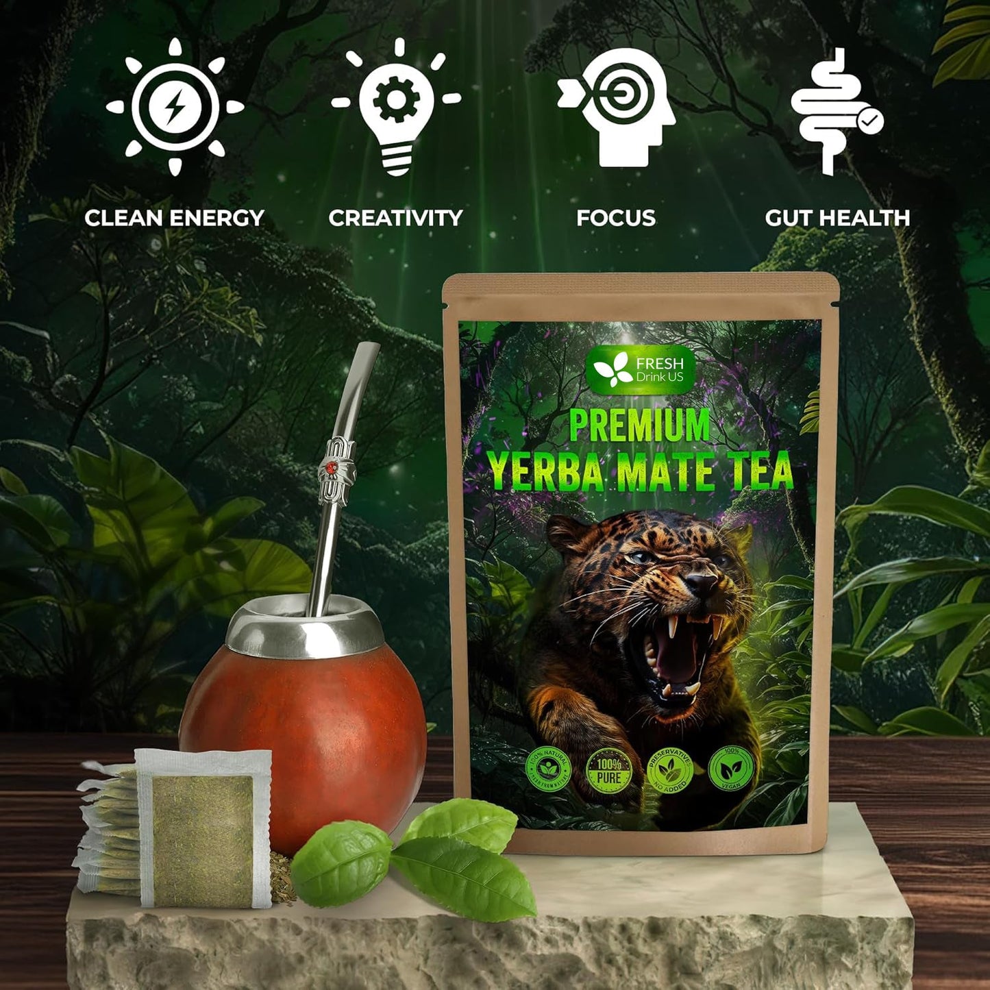 Yerba Mate Tea Bags, Hi-Caffeine, Unsmoked Yerba Mate Tea Bags, Super-Green Yerba Mate, No Dust - Korvel