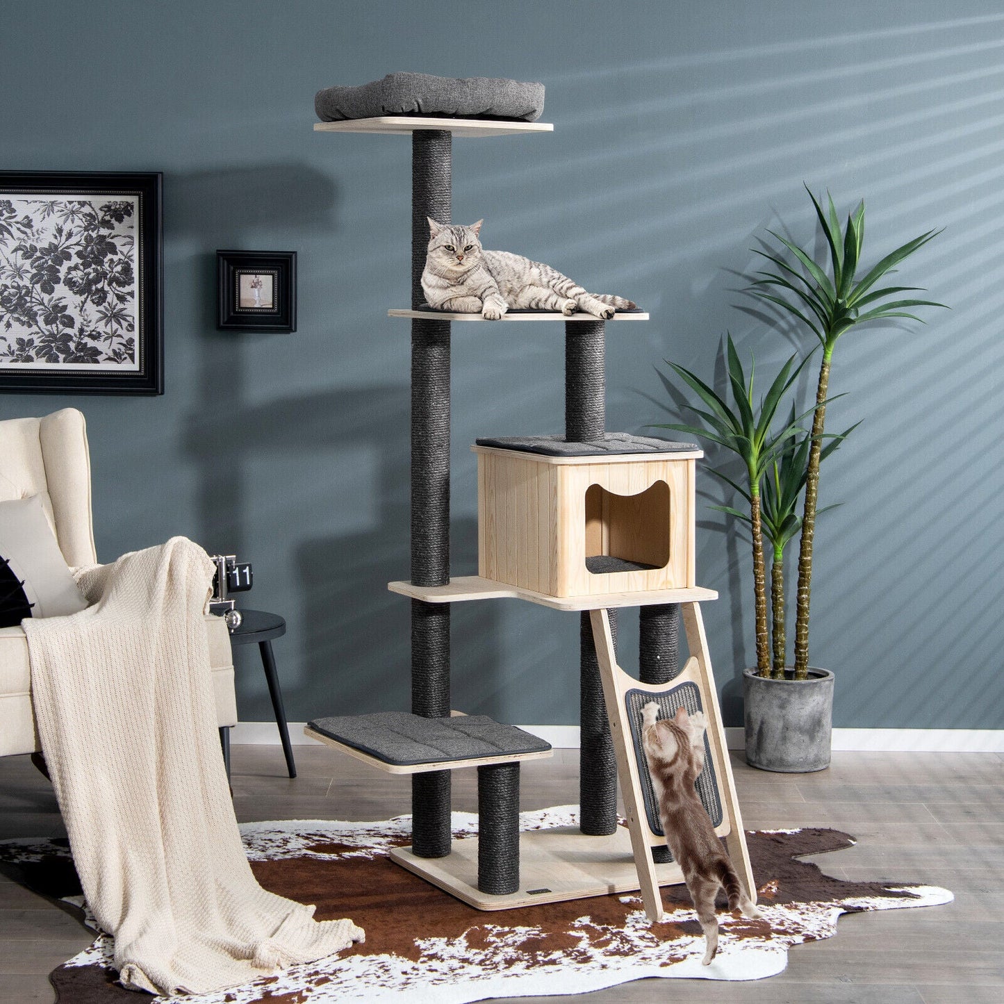 5-Tier Modern Wood Cat Tower with Washable Cushions - Gray