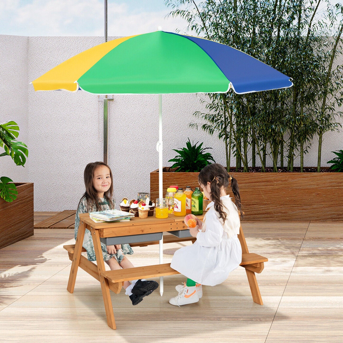 3-in-1 Kids Outdoor Picnic Water Sand Table with Umbrella - Yellow