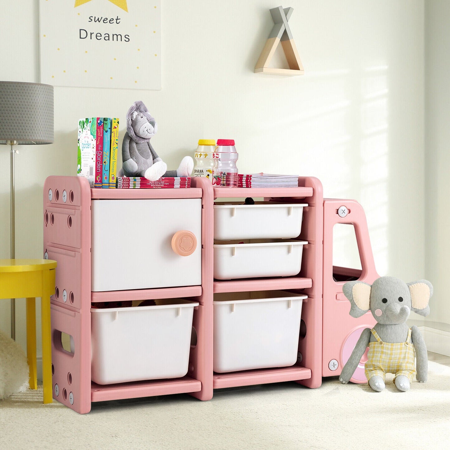 Toddler Truck Storage Organizer with Plastic Bins - Pink