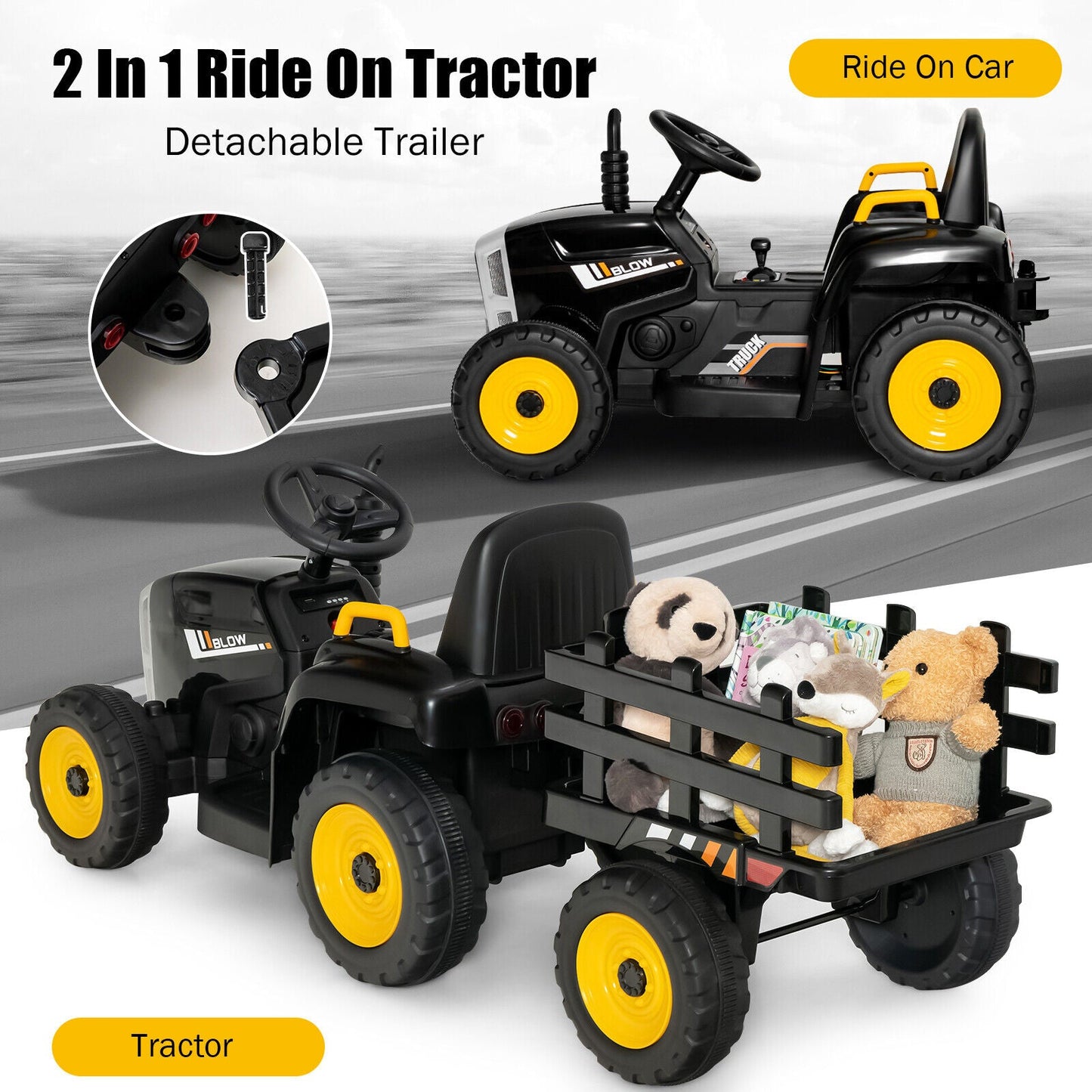 Tracteur électrique 12V avec chargeur pour enfants de 3 ans et plus - Noir