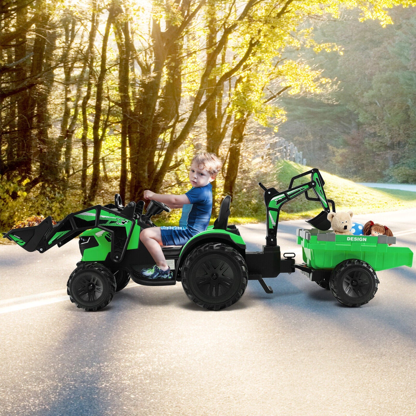 12V 3 in 1 Kids Ride On Excavator with Shovel - Green