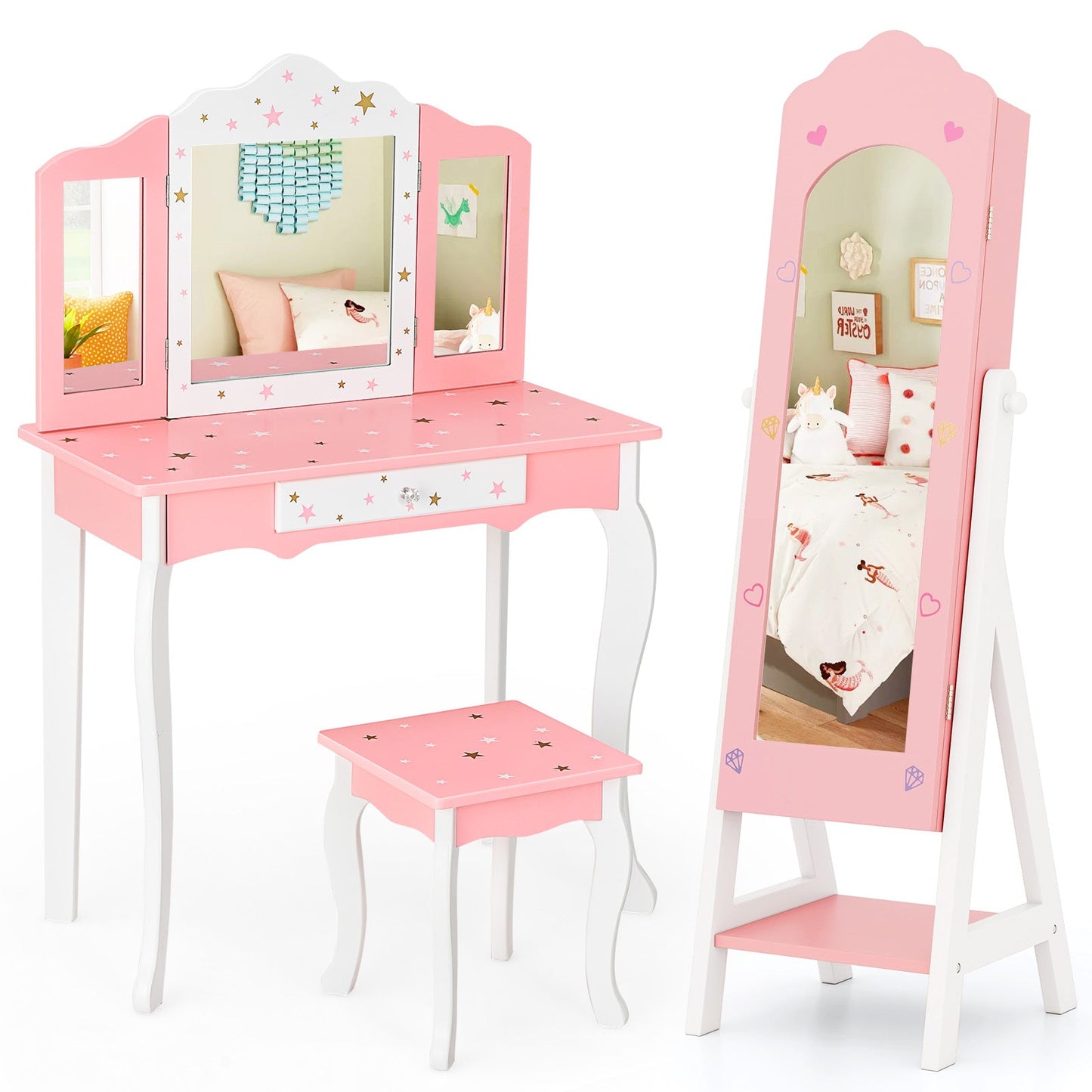 Ensemble de coiffeuse et armoire à bijoux Gbruno pour enfants - Rose