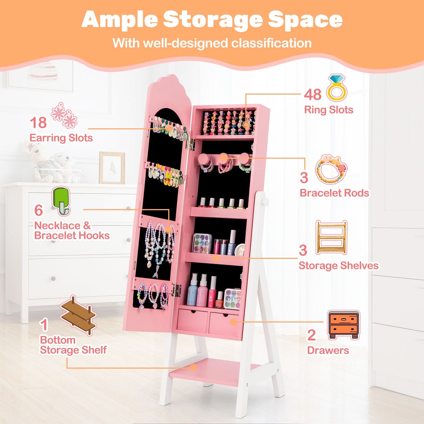 Ensemble de coiffeuse et armoire à bijoux Gbruno pour enfants - Rose