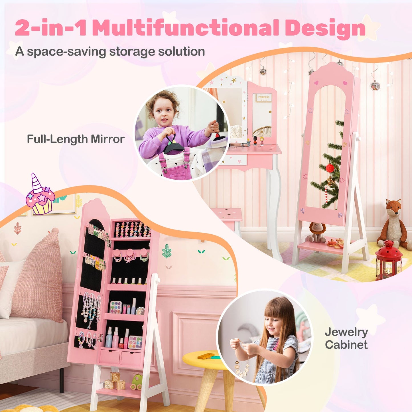 Ensemble de coiffeuse et armoire à bijoux Gbruno pour enfants - Rose