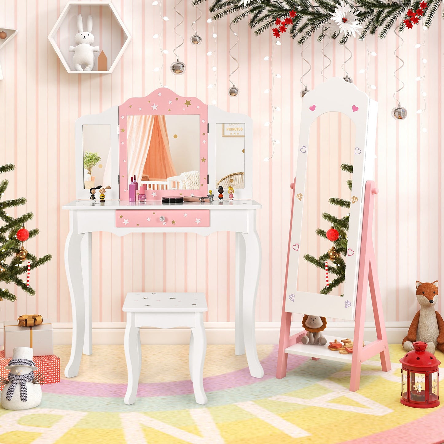 Conjunto de Tocador para Niños con Armoire de Joyería y Espejo de Cuerpo Completo - Blanco