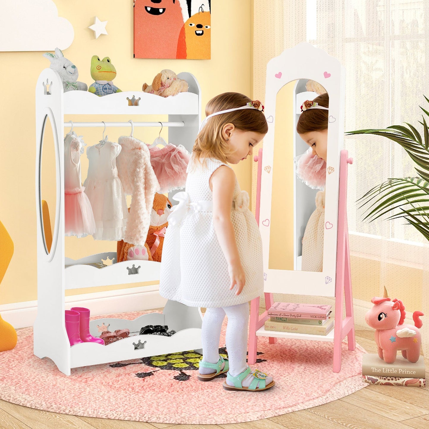 Conjunto de Tocador para Niños con Armoire de Joyería y Espejo de Cuerpo Completo - Blanco