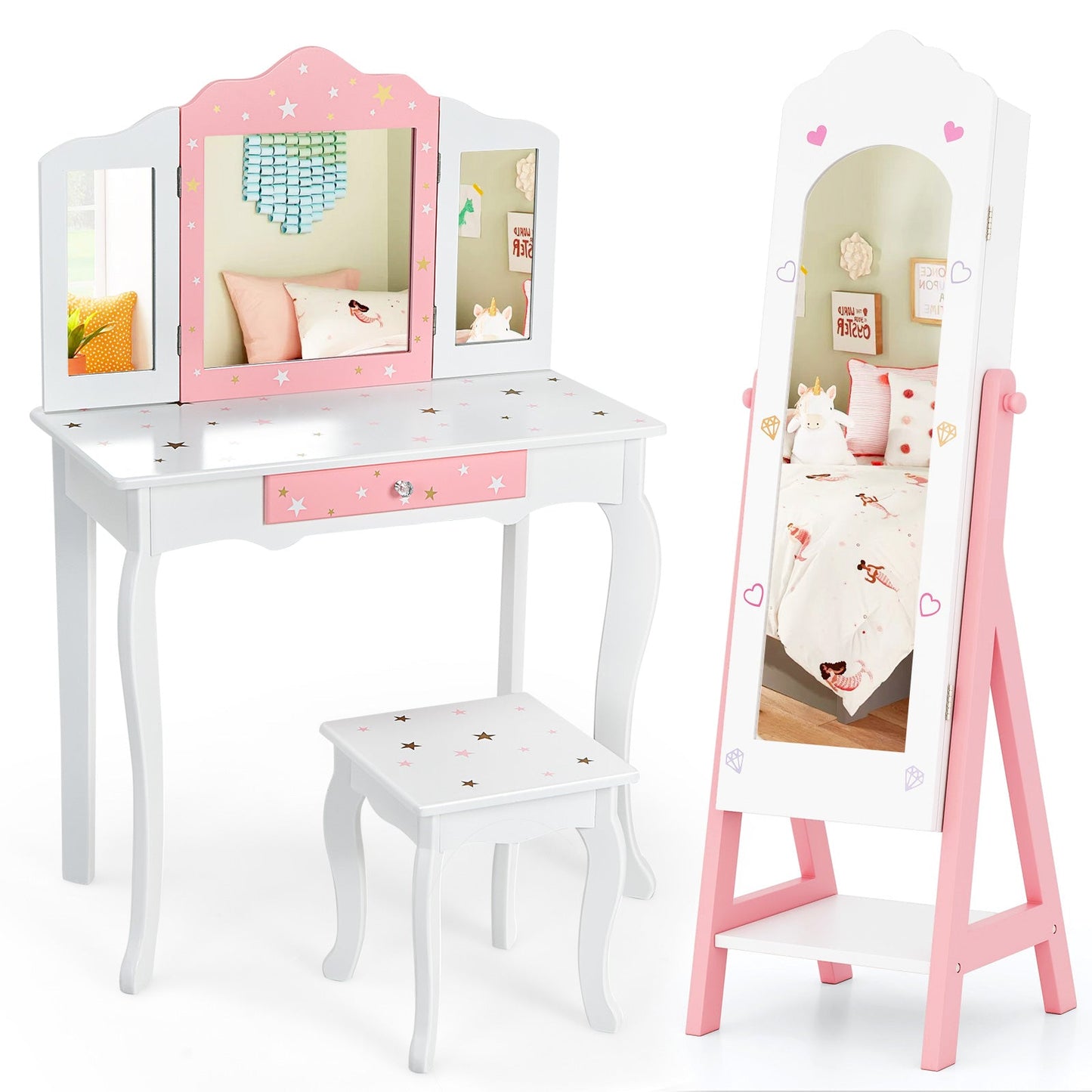 Conjunto de Tocador para Niños con Armoire de Joyería y Espejo de Cuerpo Completo - Blanco
