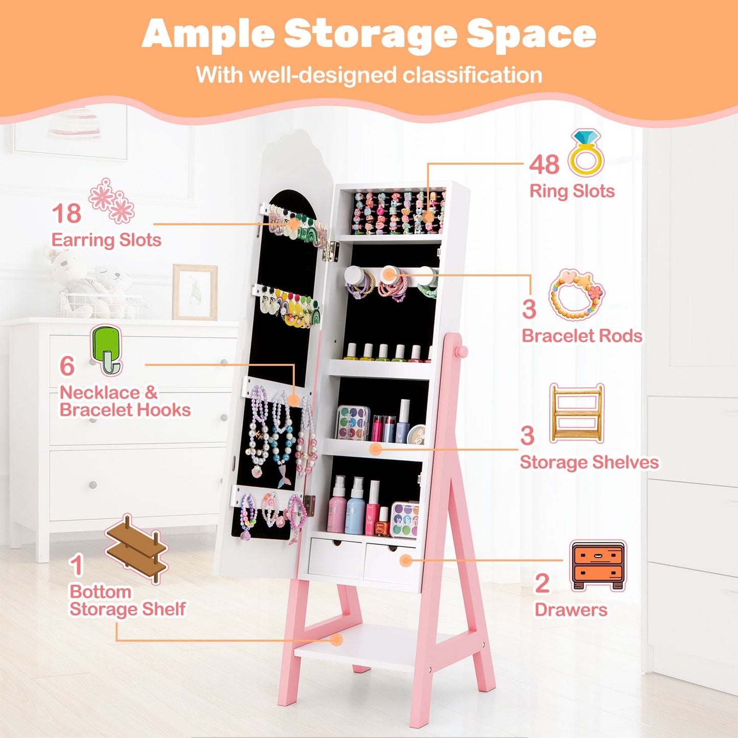 Conjunto de Tocador para Niños con Armoire de Joyería y Espejo de Cuerpo Completo - Blanco