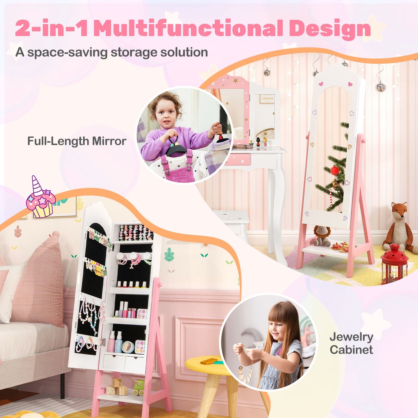 Conjunto de Tocador para Niños con Armoire de Joyería y Espejo de Cuerpo Completo - Blanco