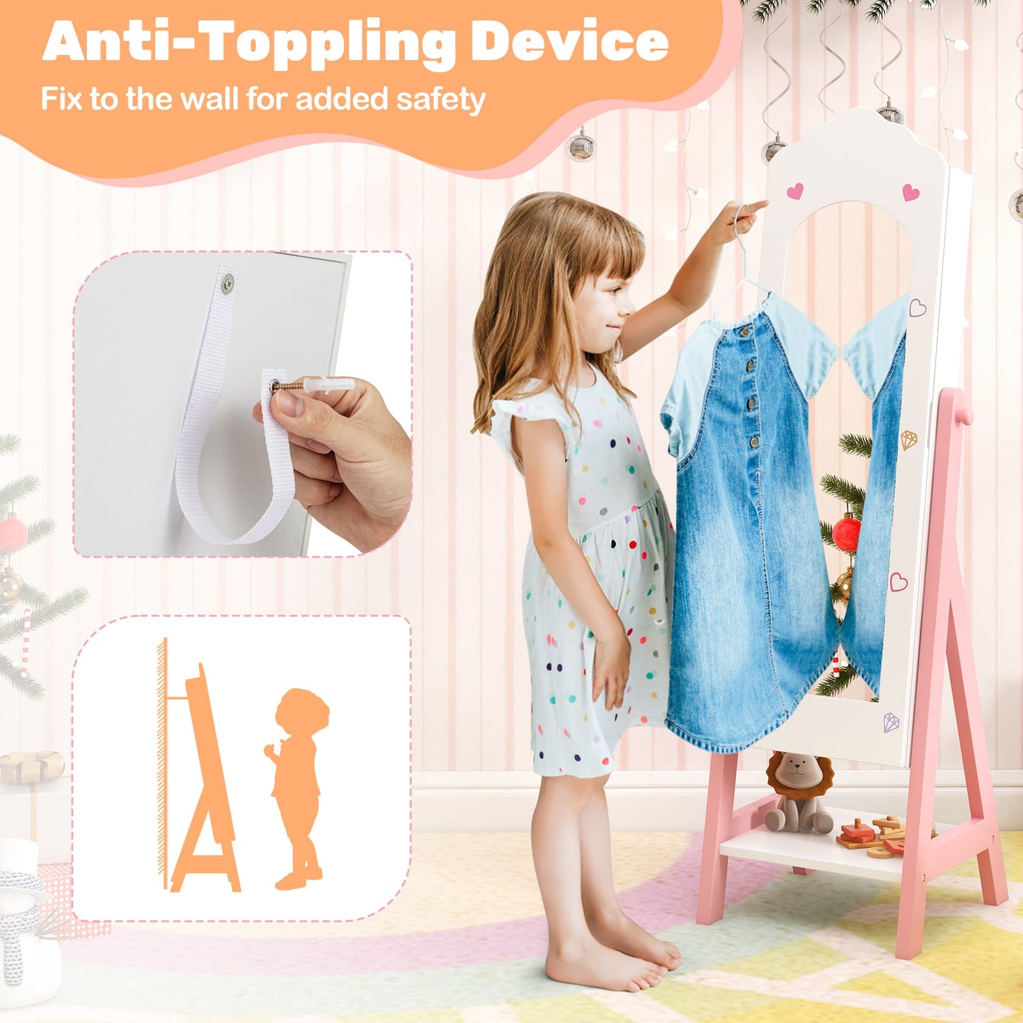 Conjunto de Tocador para Niños con Armoire de Joyería y Espejo de Cuerpo Completo - Blanco