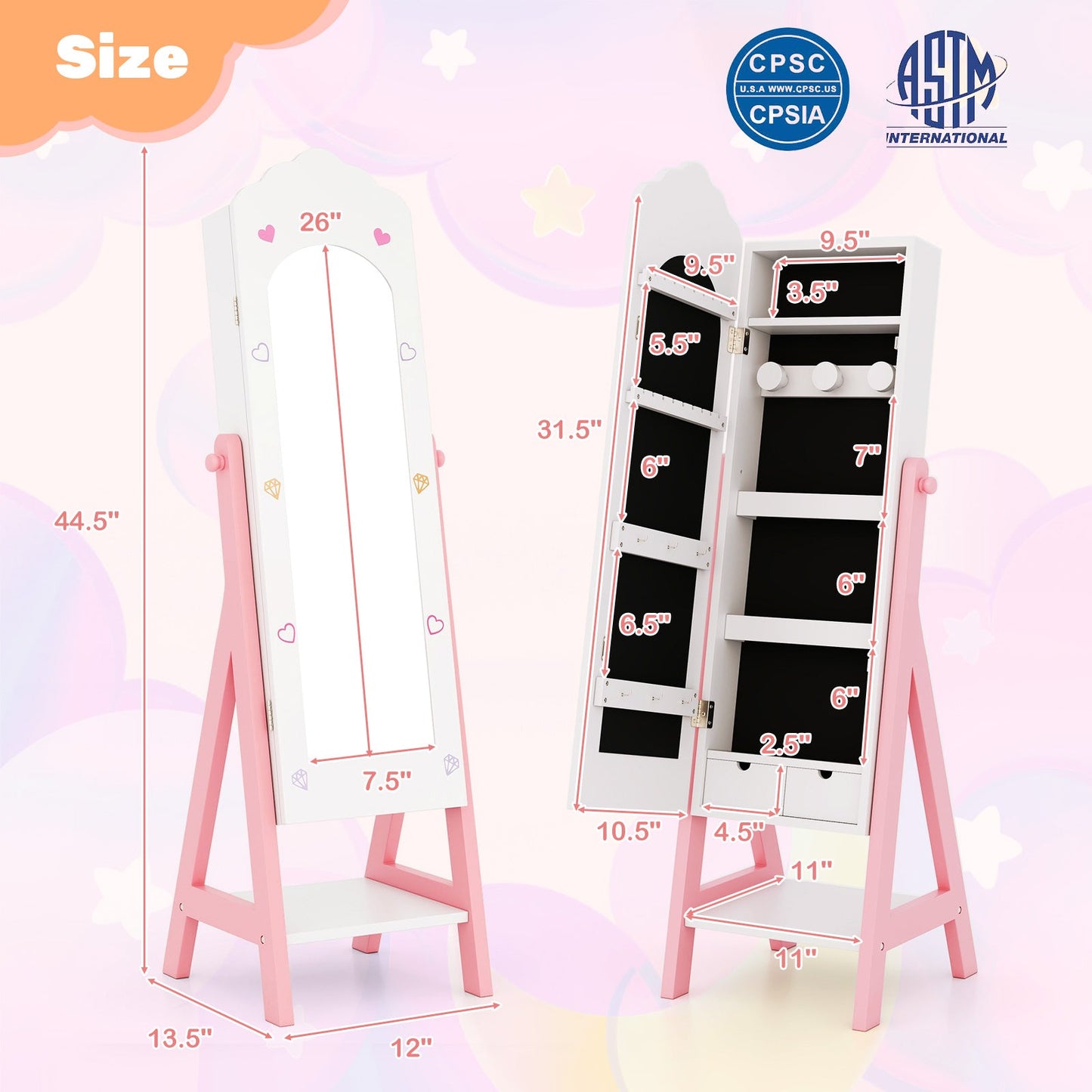 Conjunto de Tocador para Niños con Armoire de Joyería y Espejo de Cuerpo Completo - Blanco
