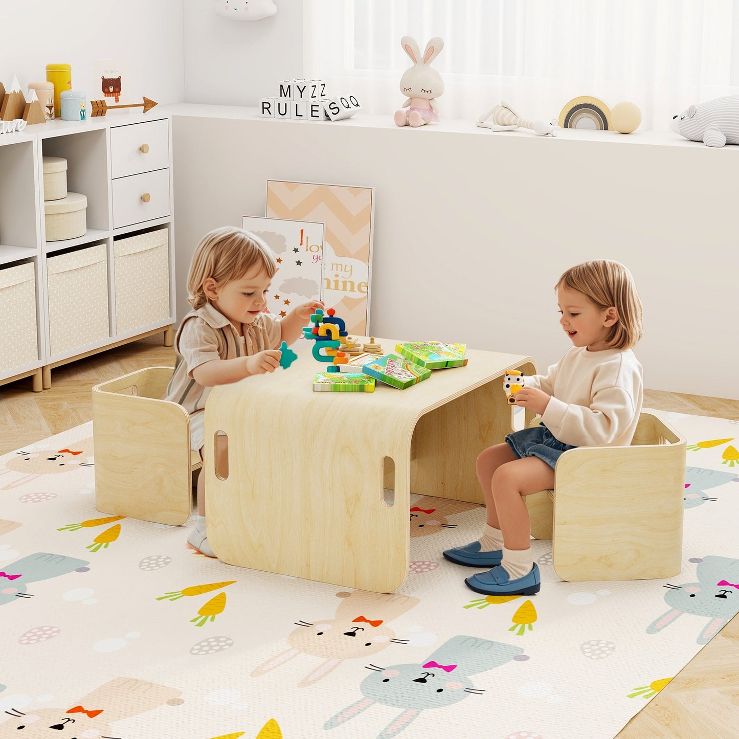 3-Piece Kids Wooden Table and Chair Set - Natural