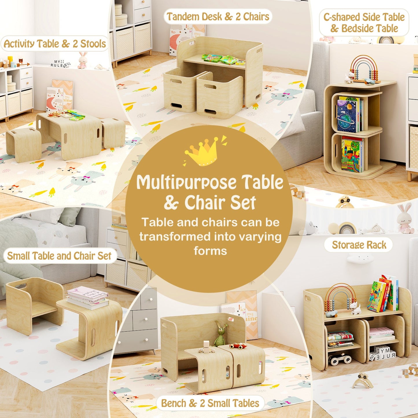 3-Piece Kids Wooden Table and Chair Set - Natural
