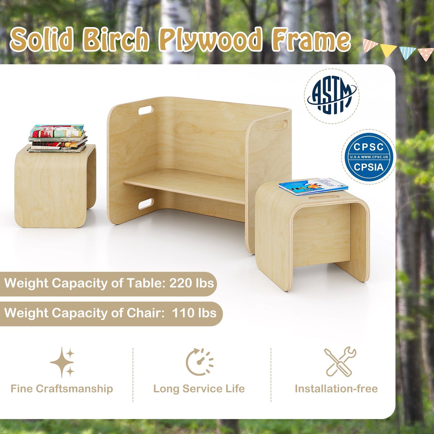 3-Piece Kids Wooden Table and Chair Set - Natural