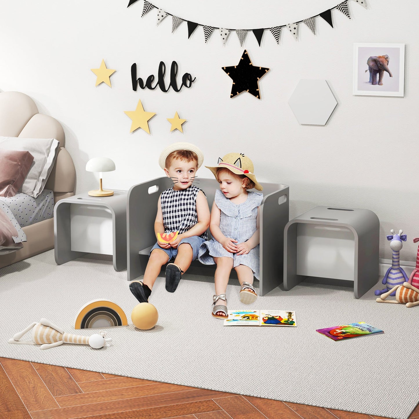 Ensemble de Table et Chaises en Bois pour Enfants - Gris