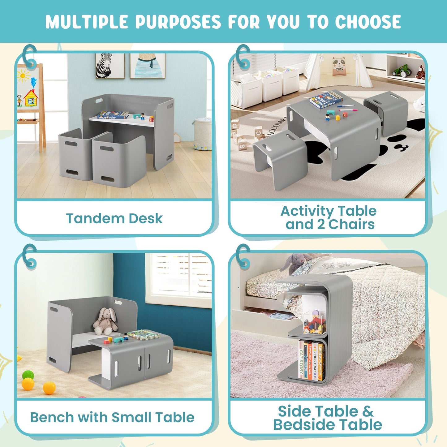 Ensemble de Table et Chaises en Bois pour Enfants - Gris