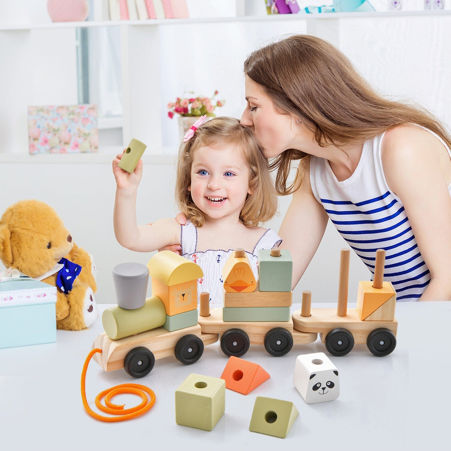 3-Section Wooden Train Set with Stackable Building Blocks