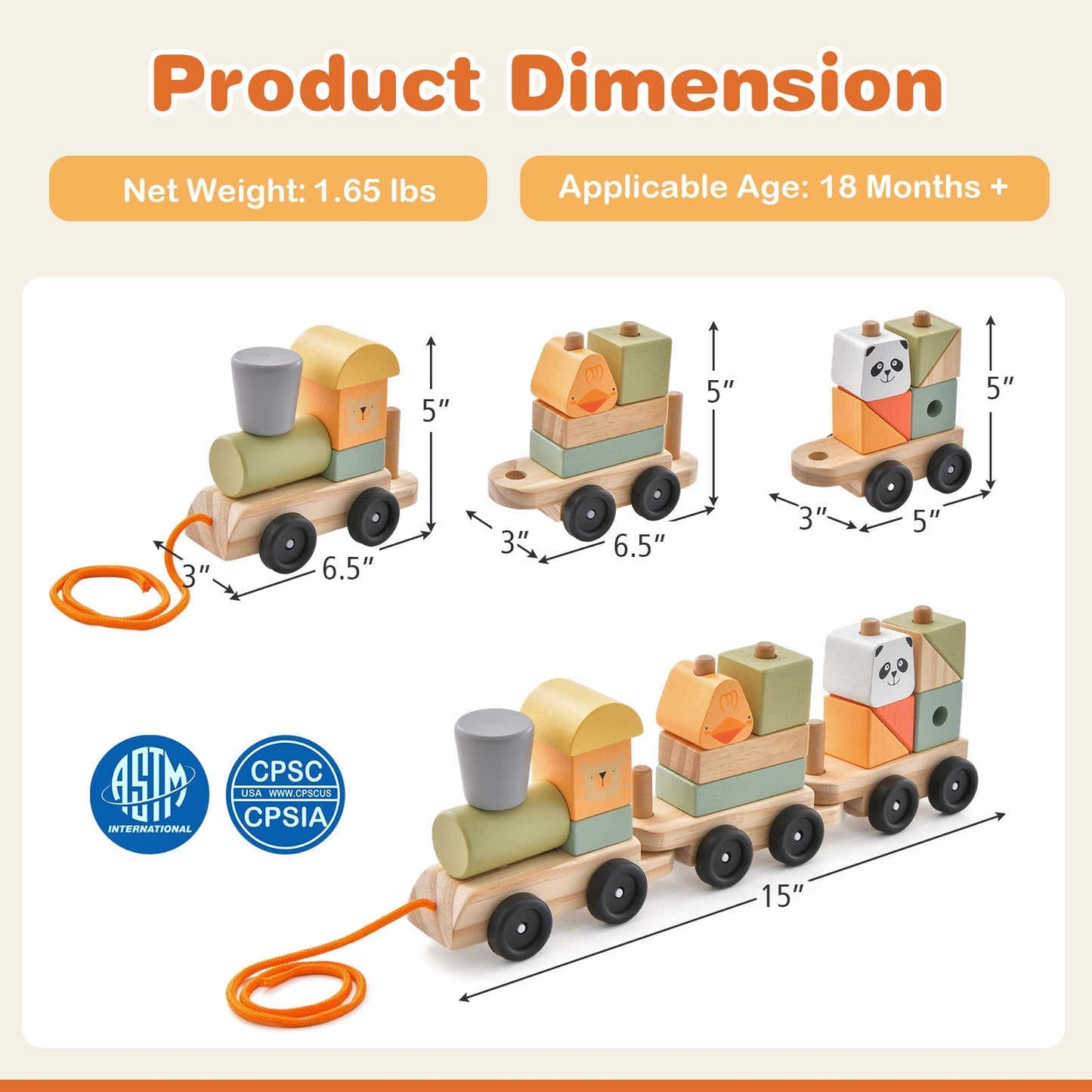 3-Section Wooden Train Set with Stackable Building Blocks