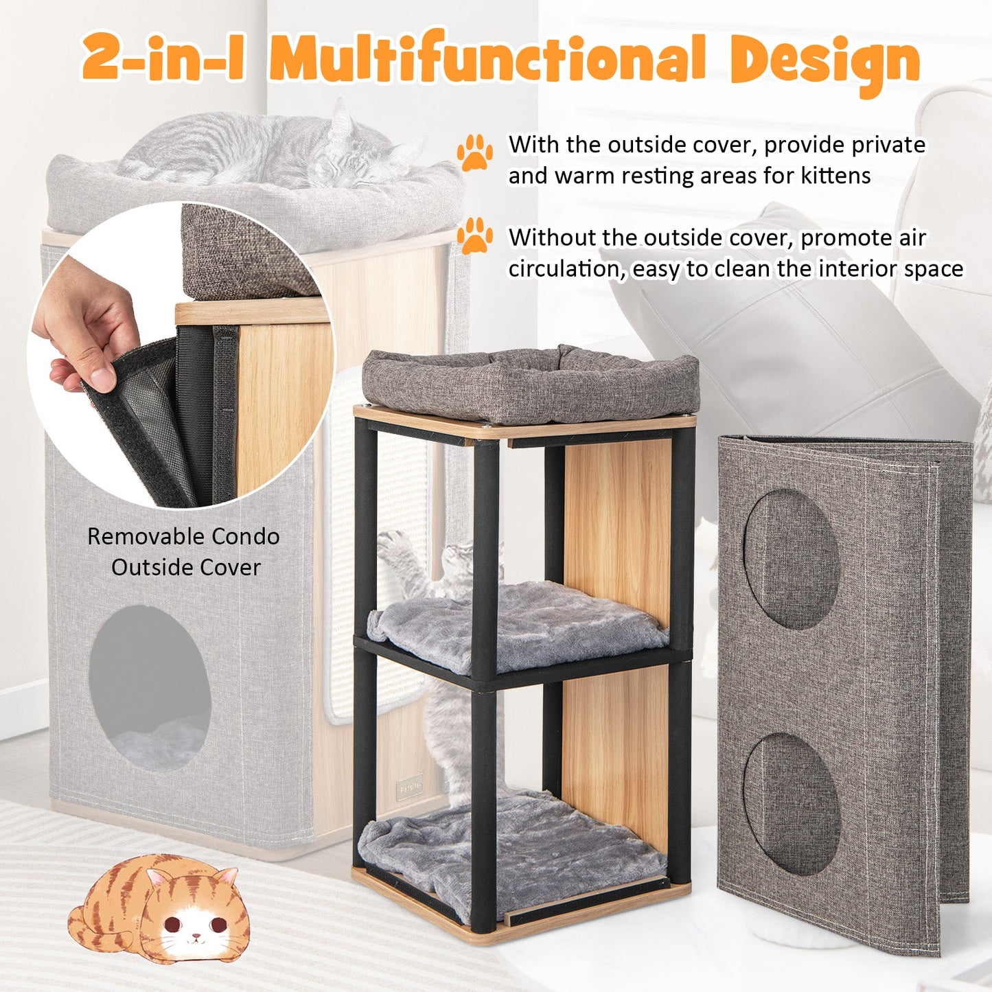Maison pour chats à 3 étages avec planche à gratter pour chats d'intérieur