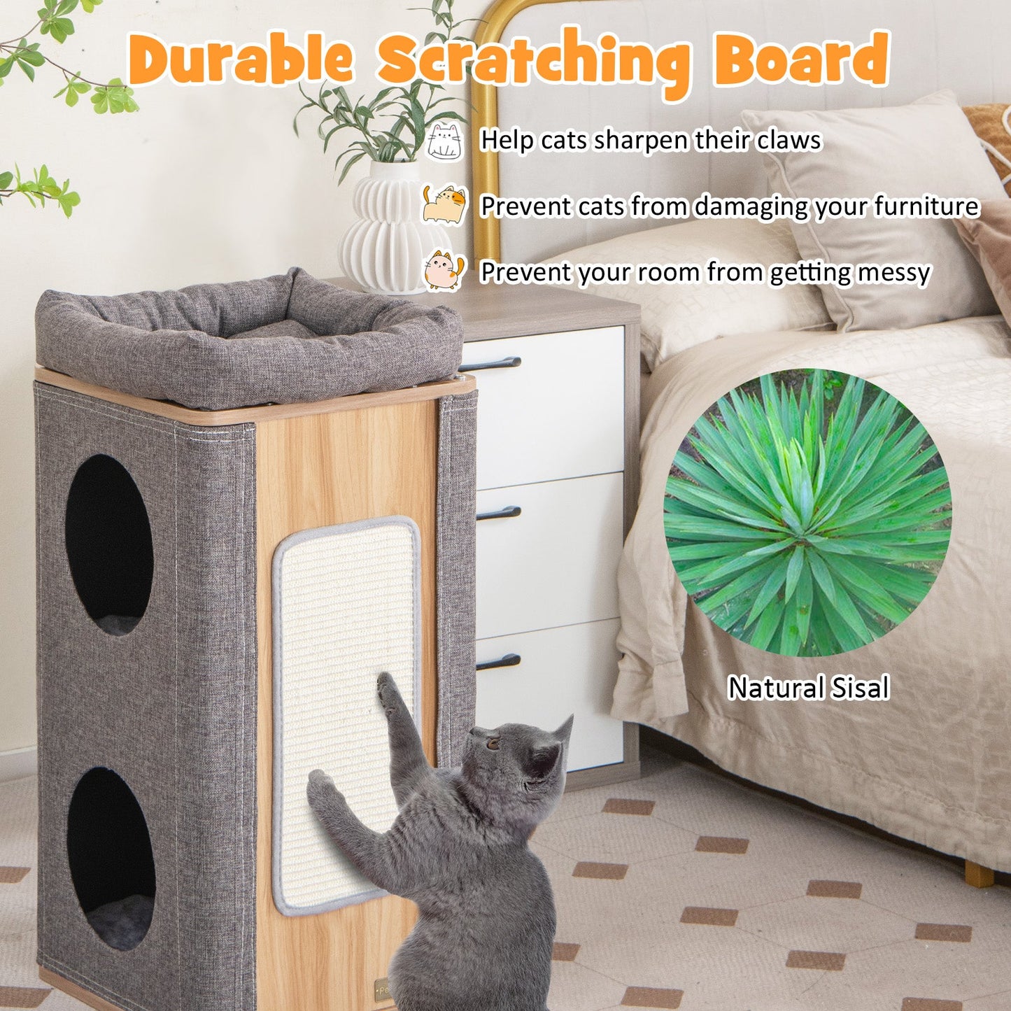 Maison pour chats à 3 étages avec planche à gratter pour chats d'intérieur