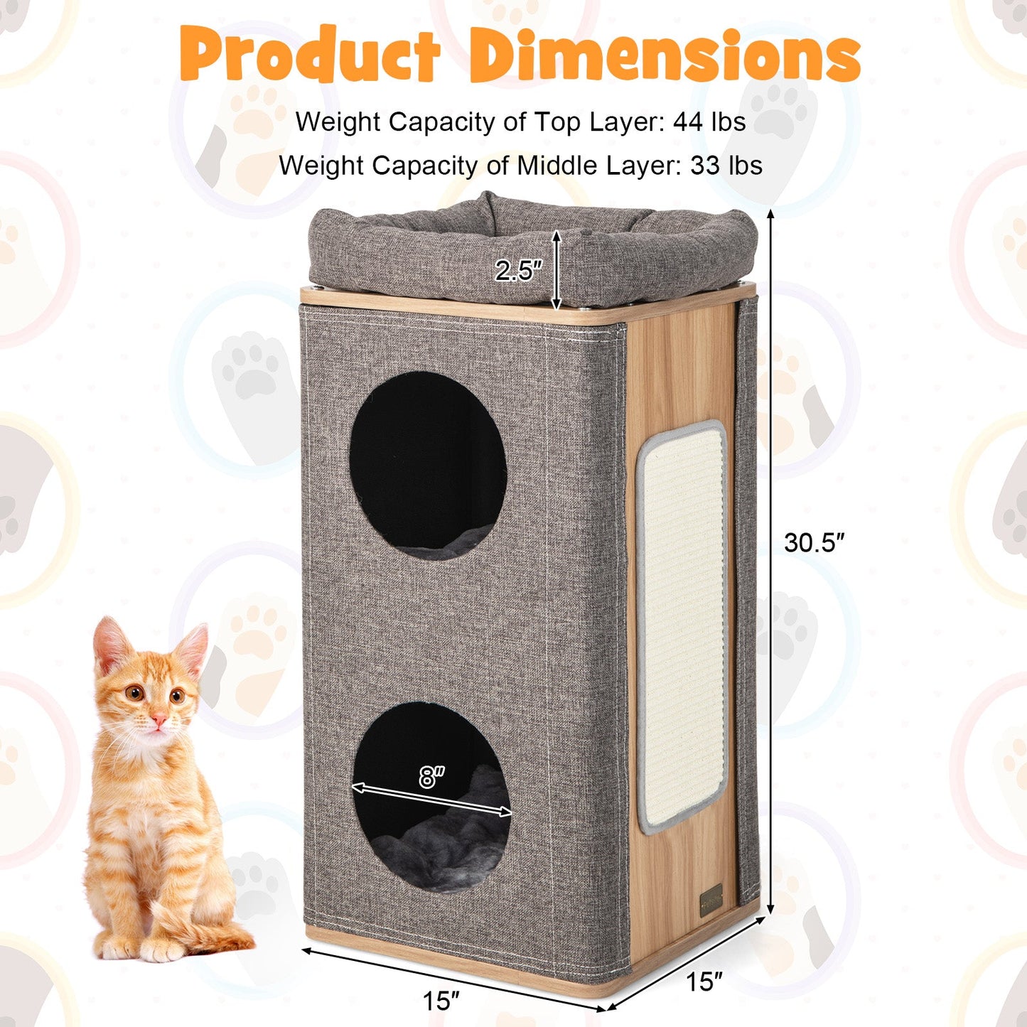 Maison pour chats à 3 étages avec planche à gratter pour chats d'intérieur