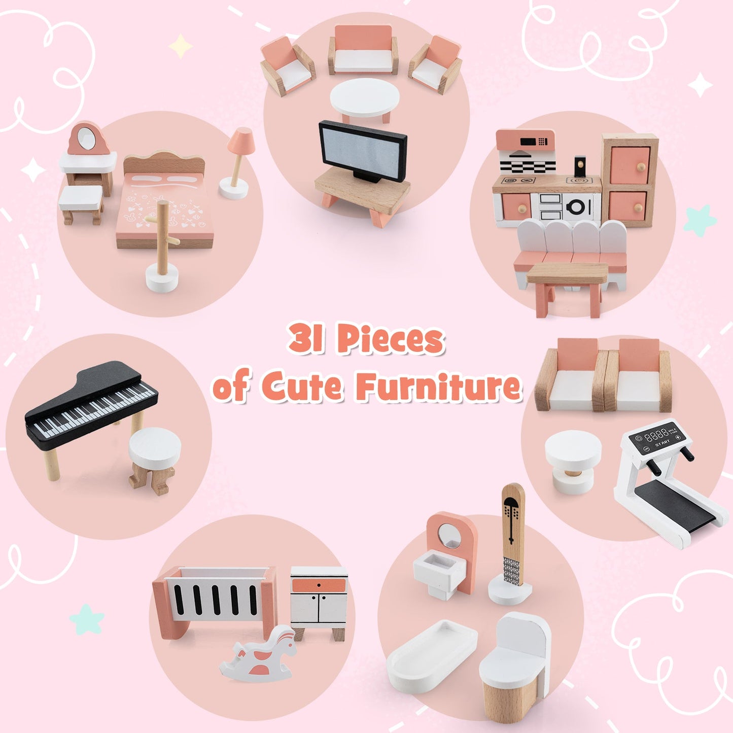3-Tier Wooden Dollhouse with 32 Accessories for Kids