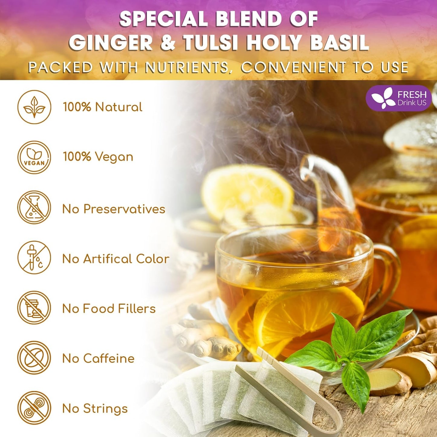 Bolsitas de té premium de jengibre y tulsi | Mezcla artesanal de jengibre y hojas de tulsi y albahaca sagrada 