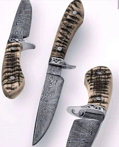 Premium Handmade Damascus Steel Sheep Horn Hunting Knife - Korvel