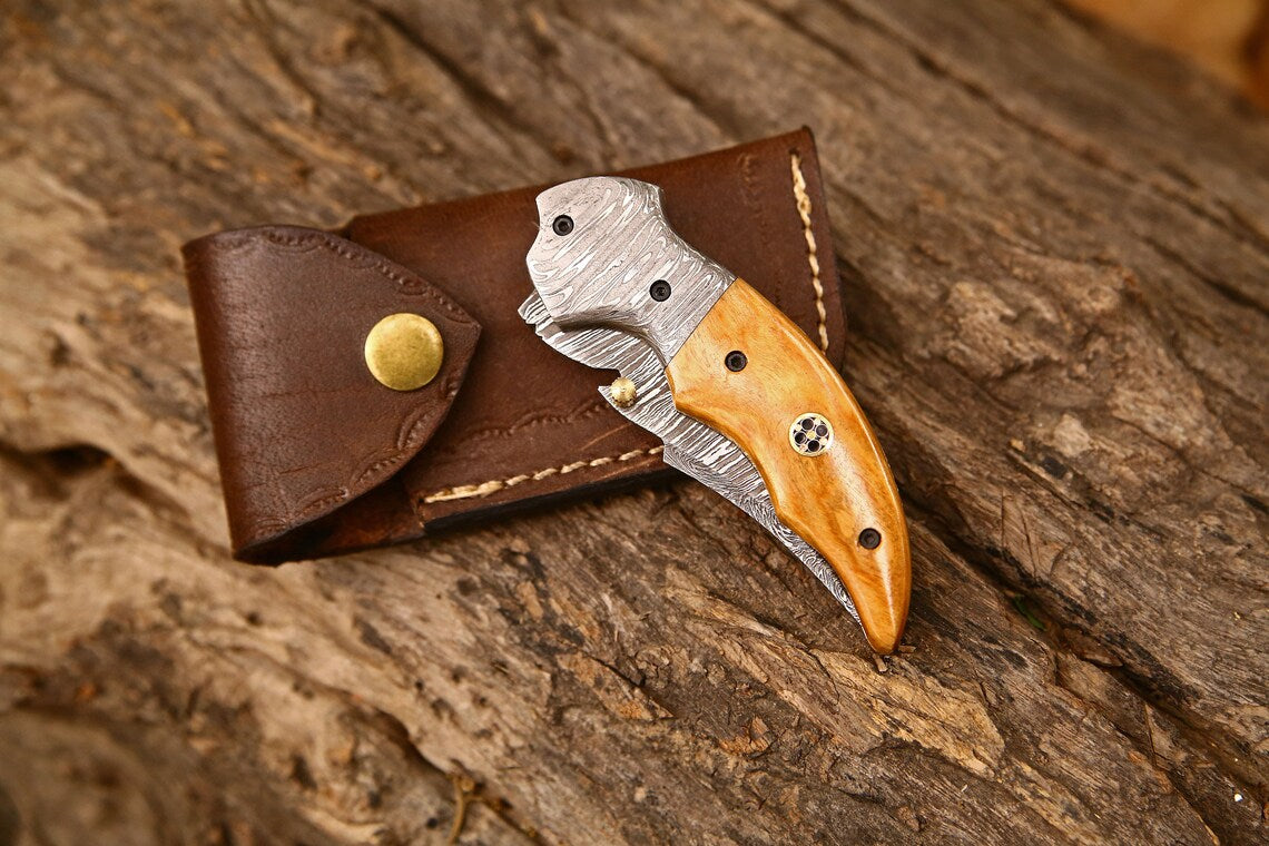 Exquisite Handmade Damascus Steel EDC Folding Knife | 3-Inch Blade, Bone Handle, Leather Sheath | Perfect Gift by KBS Knives - Korvel