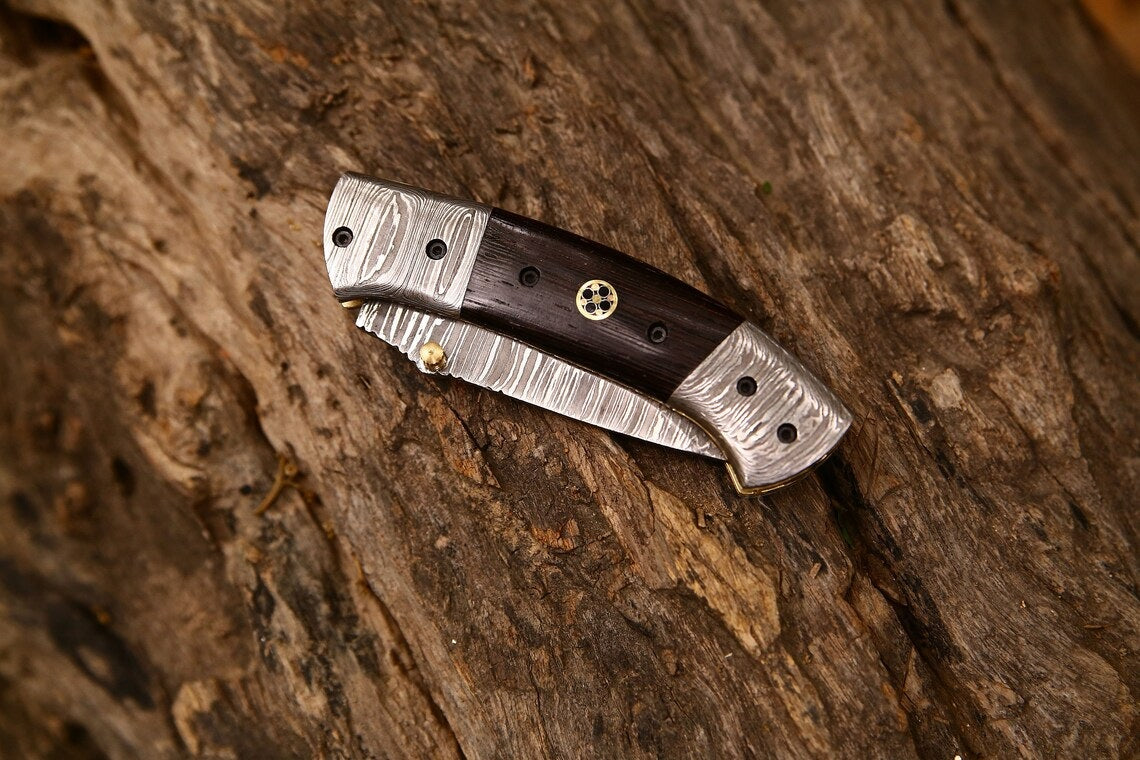 Artisan Crafted Damascus Steel Tanto Folding Knife | 3-Inch Blade, Wenge Wood Handle, Leather Sheath | Ideal Groomsman Gift - Korvel