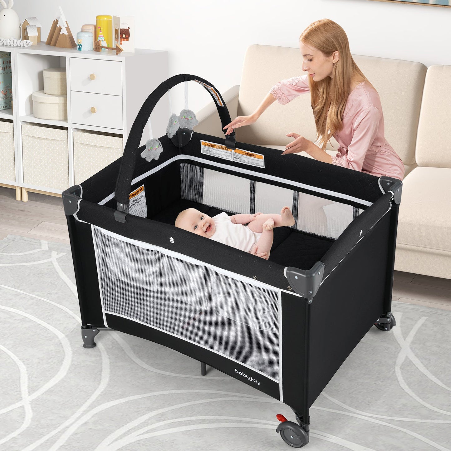 3-in-1 Portable Baby Crib and Playpen with Changing Table - Black