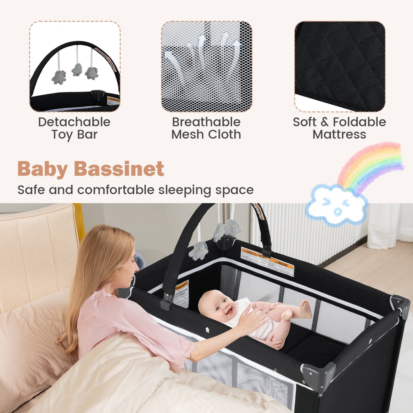 3-in-1 Portable Baby Crib and Playpen with Changing Table - Black