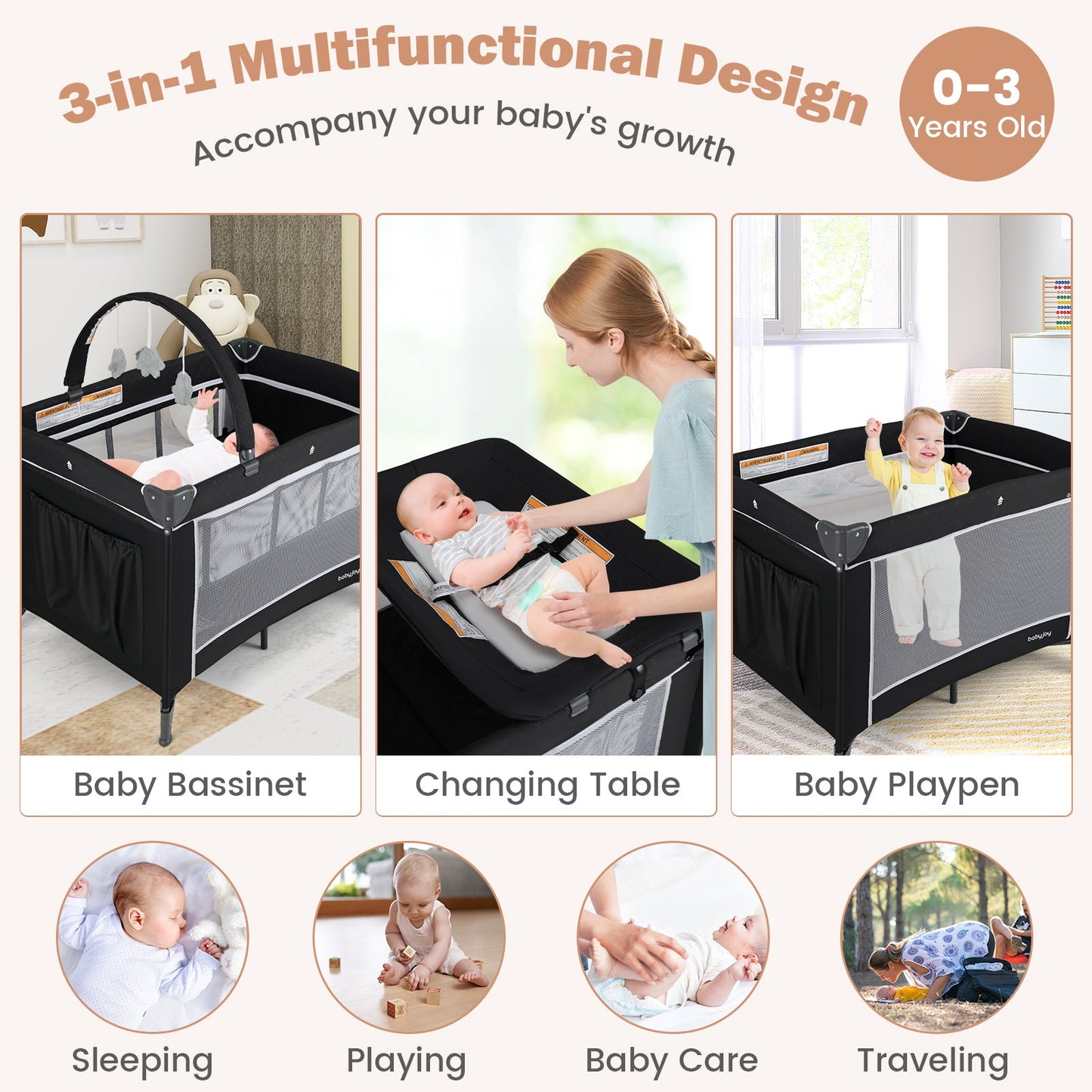 3-in-1 Portable Baby Crib and Playpen with Changing Table - Black
