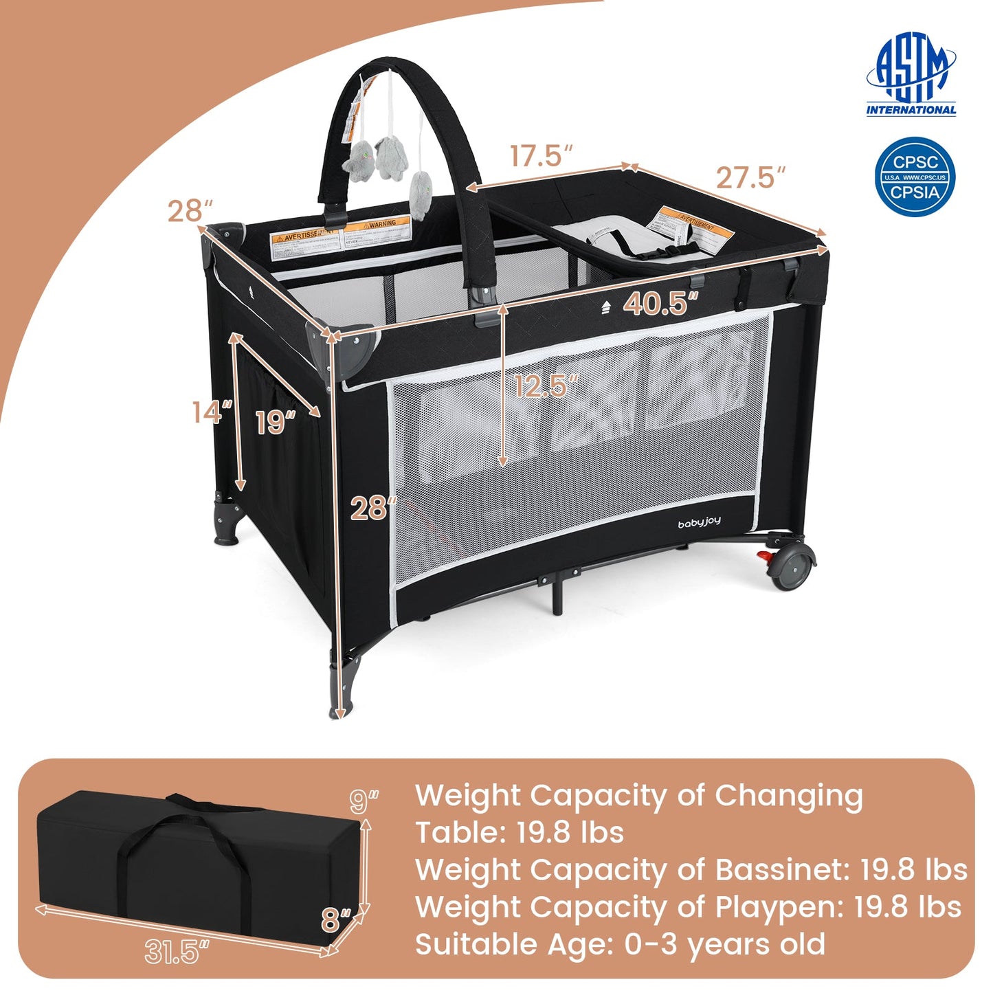 3-in-1 Portable Baby Crib and Playpen with Changing Table - Black