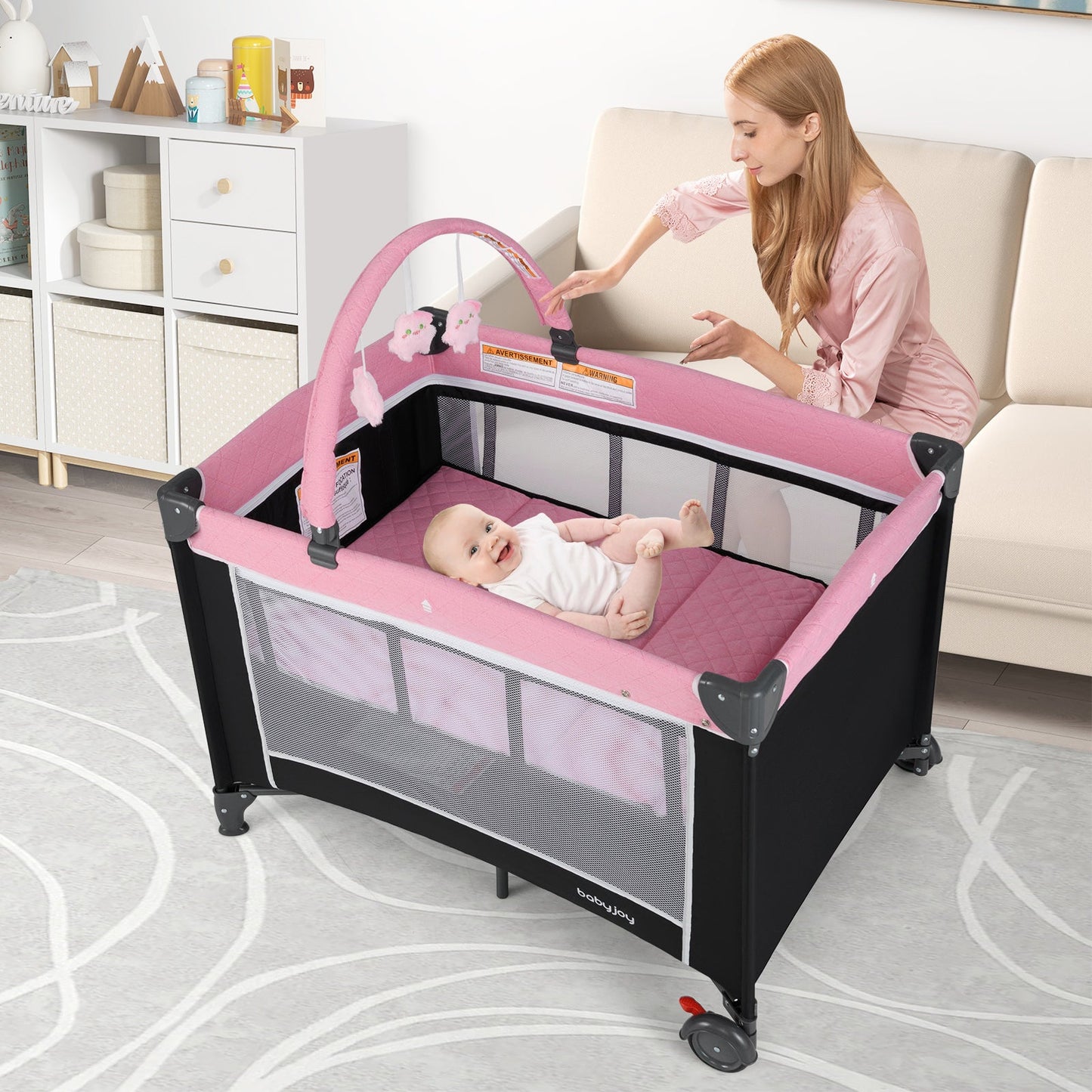 3-in-1 Portable Baby Crib and Playpen with Changing Table - Pink