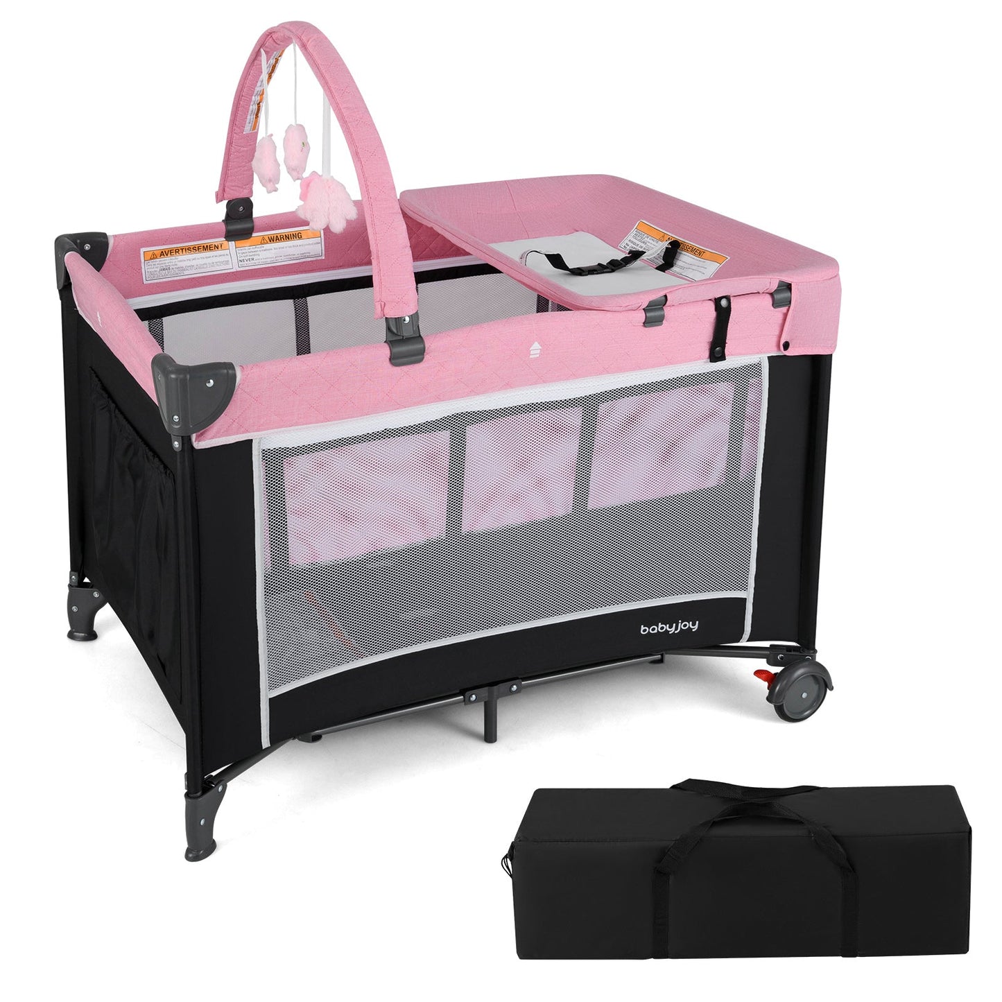 3-in-1 Portable Baby Crib and Playpen with Changing Table - Pink