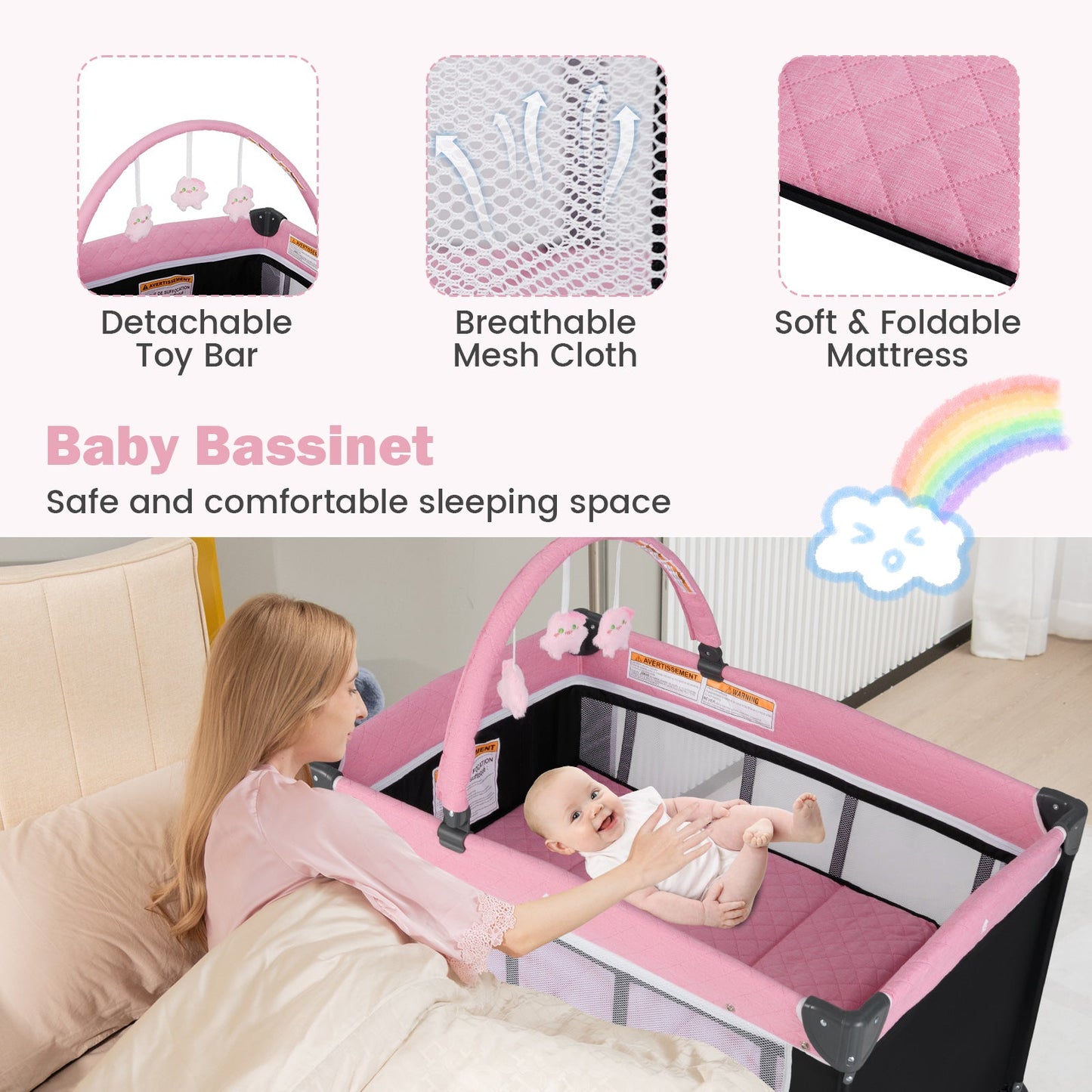 3-in-1 Portable Baby Crib and Playpen with Changing Table - Pink