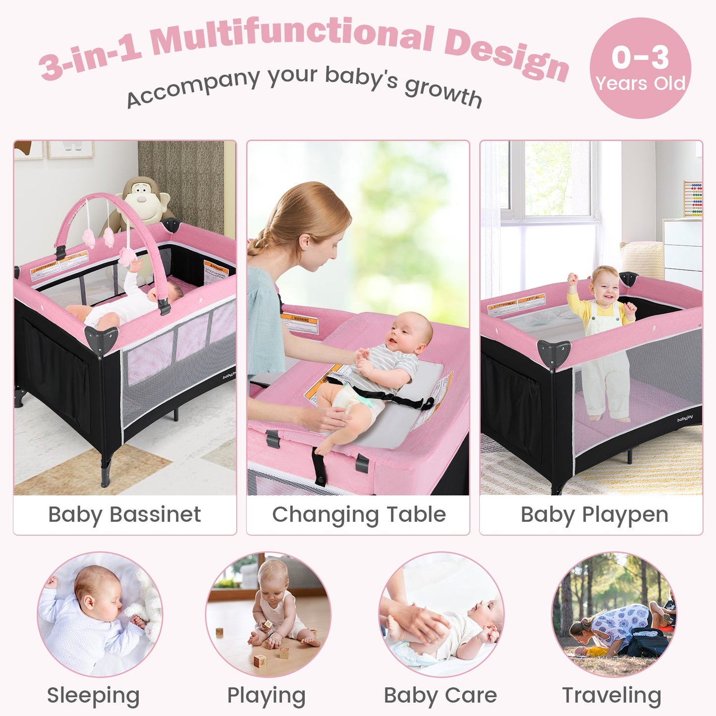 3-in-1 Portable Baby Crib and Playpen with Changing Table - Pink