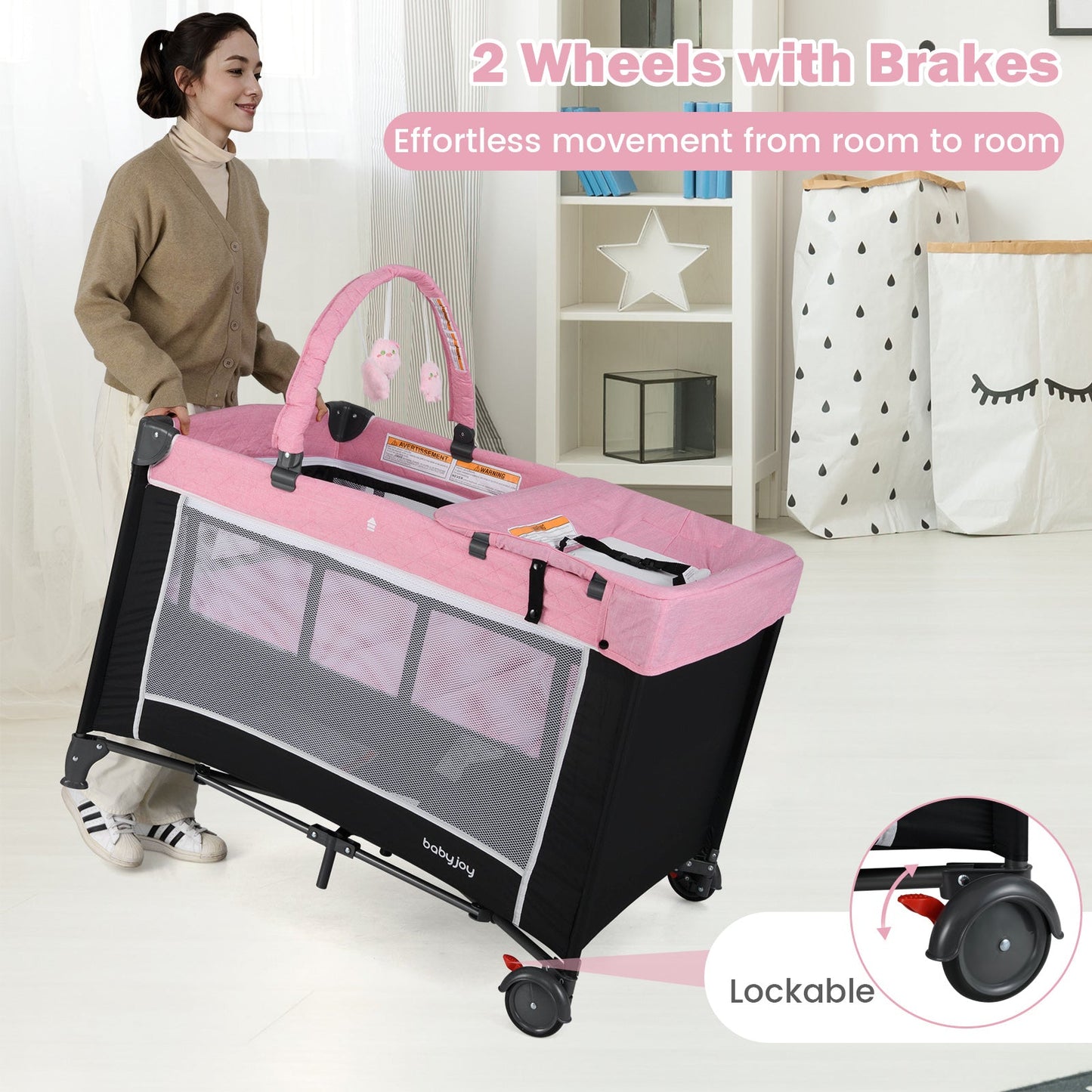 3-in-1 Portable Baby Crib and Playpen with Changing Table - Pink