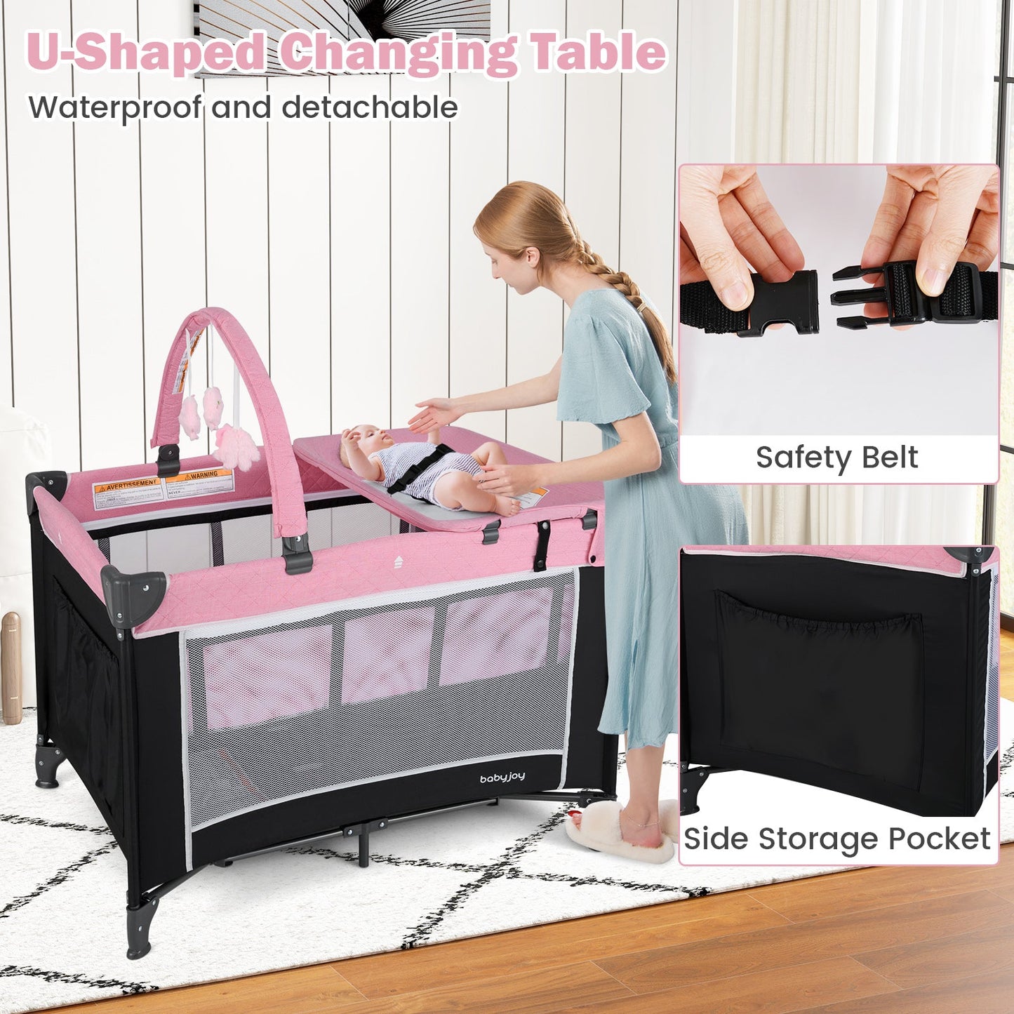 3-in-1 Portable Baby Crib and Playpen with Changing Table - Pink
