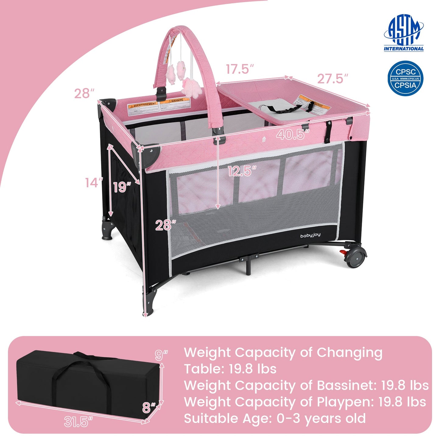 3-in-1 Portable Baby Crib and Playpen with Changing Table - Pink